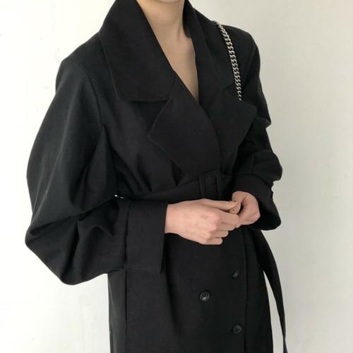 2019 Autumn Woman Khaki Long Trench Coat Style Vintage Puff Sleeve Long Dust Coat Elegant Waist Bandage Windbreaker