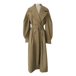2019 Autumn Woman Khaki Long Trench Coat Style Vintage Puff Sleeve Long Dust Coat Elegant Waist Bandage Windbreaker