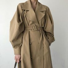 Load image into Gallery viewer, 2019 Autumn Woman Khaki Long Trench Coat Style Vintage Puff Sleeve Long Dust Coat Elegant Waist Bandage Windbreaker