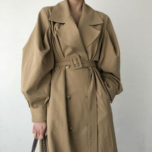 2019 Autumn Woman Khaki Long Trench Coat Style Vintage Puff Sleeve Long Dust Coat Elegant Waist Bandage Windbreaker
