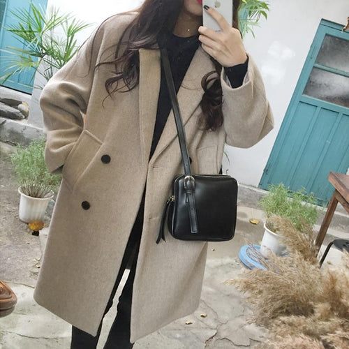 Thin Wool Blend Coat Women Long Sleeve Turn-down Collar Outwear Jacket Casual Autumn Winter Elegant Overcoat