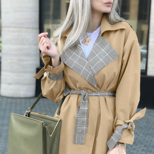 Elegant Trench Khaki Coat Autumn Winter Women Casual Plaid Long Overcoats Vintage Office Coat