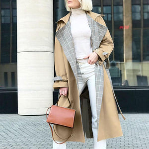 Elegant Trench Khaki Coat Autumn Winter Women Casual Plaid Long Overcoats Vintage Office Coat