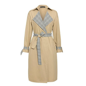 Elegant Trench Khaki Coat Autumn Winter Women Casual Plaid Long Overcoats Vintage Office Coat