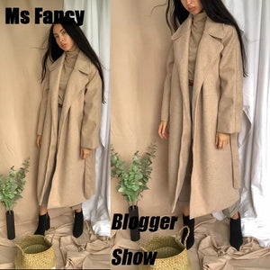 Winter Fashion Coats Women Wool Coat Lazy Oaf Long Chunky Coat Warm Western Style Loose Coat Lace-up