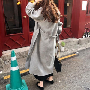 Winter Fashion Coats Women Wool Coat Lazy Oaf Long Chunky Coat Warm Western Style Loose Coat Lace-up