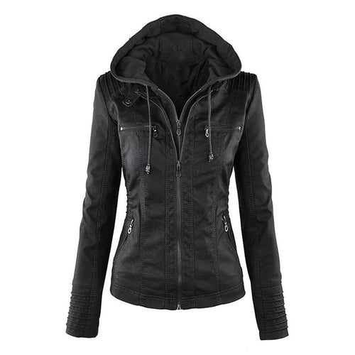 Gothic Faux Leather Jacket Women Hoodies Winter Autumn Motorcycle Jacket Black