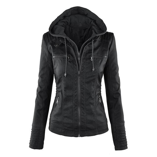 Gothic Faux Leather Jacket Women Hoodies Winter Autumn Motorcycle Jacket Black