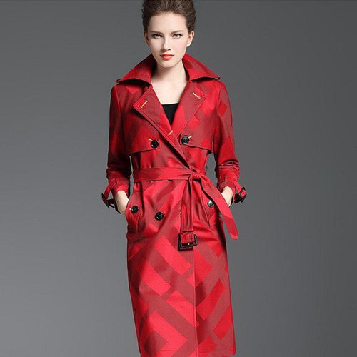 Women's Quality Trench Overcoat Spring Autumn Long Plaid Pattern Belt Button Waist Slim Coat
