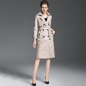 Women's Quality Trench Overcoat Spring Autumn Long Plaid Pattern Belt Button Waist Slim Coat