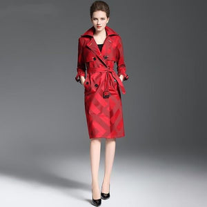 Women's Quality Trench Overcoat Spring Autumn Long Plaid Pattern Belt Button Waist Slim Coat