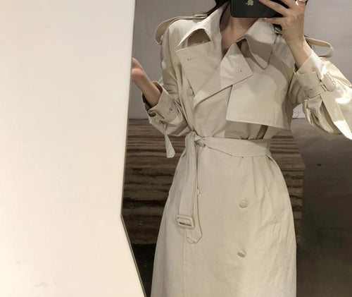 2019 Woman Autumn White Double-breasted Trench Coat British Chic Chalaza Long Loose Coat