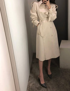 2019 Woman Autumn White Double-breasted Trench Coat British Chic Chalaza Long Loose Coat