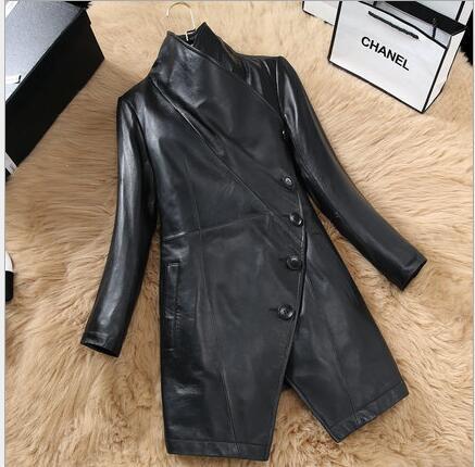 2017 Spring Women Slim Fit Long Leather Coat Ladies Leather Trench