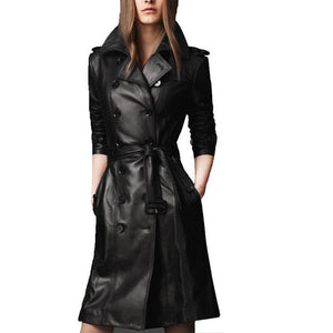 2017 Compound Sheepskin Coat Lady Free Wash PU Leather Jacket Lace-Up Trench Coat