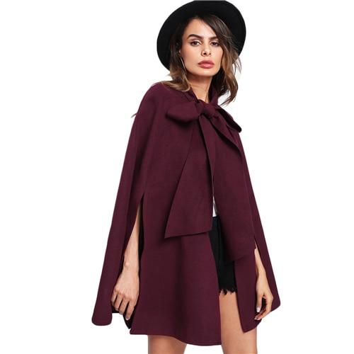 Elegant Woman Fall Coat Burgundy Long Sleeve Slit Back Tied Front Cape Coat