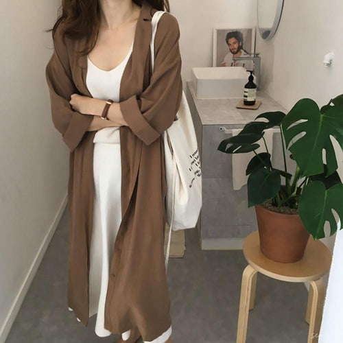 2018 Summer Solid Single Breasted Turn Down Collar Long Sleeve Bandage Thin Trench Coat Female Loose Windbreaker