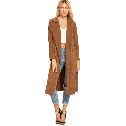 Suede Self Tie Duster Trench Coat Long Sleeve Wrap Long Outer Belt Women Casual Fall Winter Workwear Coat