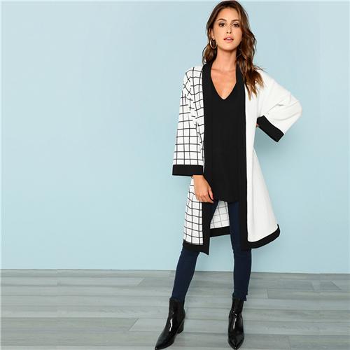 2018 Multicolor Office Lady Cut And Sew Grid Print Long Sleeve Minimalist Coat Autumn Women Clothes