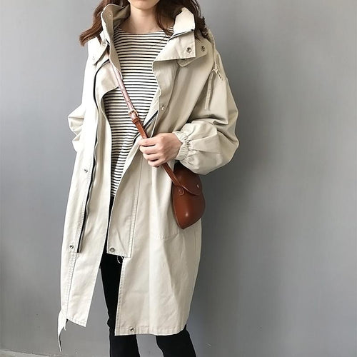 Autumn Woman Coat Hooded Single Breasted Slim Padded Windbreaker Long Chic Korean Overcoat