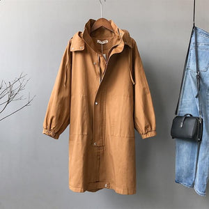 Autumn Woman Coat Hooded Single Breasted Slim Padded Windbreaker Long Chic Korean Overcoat