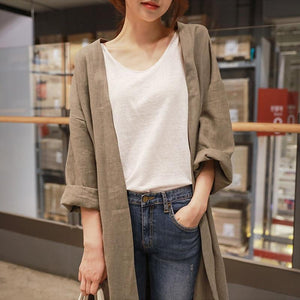 Medium Long Cotton Linen Sun Protection Clothing Female Autumn Loose Thin Over Knee Cardigan Trench Coat