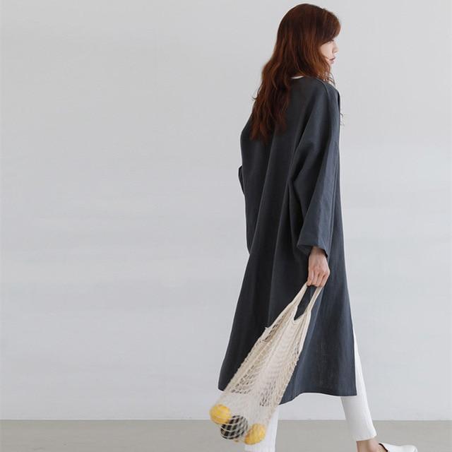 Medium Long Cotton Linen Sun Protection Clothing Female Autumn Loose Thin Over Knee Cardigan Trench Coat