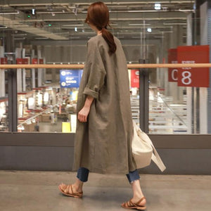 Medium Long Cotton Linen Sun Protection Clothing Female Autumn Loose Thin Over Knee Cardigan Trench Coat