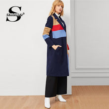 Load image into Gallery viewer, Colorblock Pocket Button Longline Coat Women Basics Notched Long Sleeve Single Button Outerwear