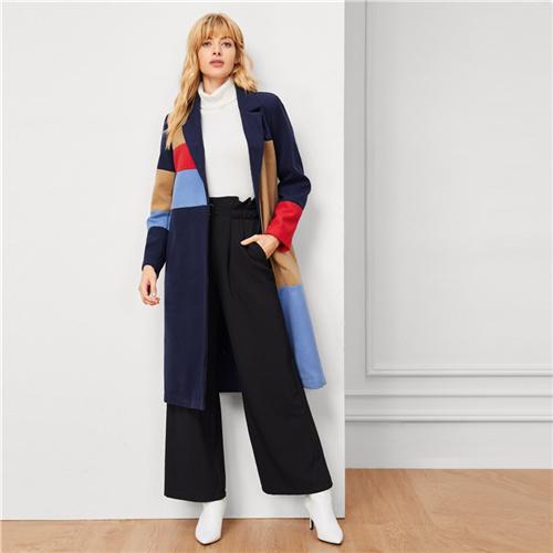 Colorblock Pocket Button Longline Coat Women Basics Notched Long Sleeve Single Button Outerwear