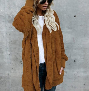 Faux Fur Teddy Bear Coat Jacket Women Fashion Open Stitch Winter Hooded Coat
