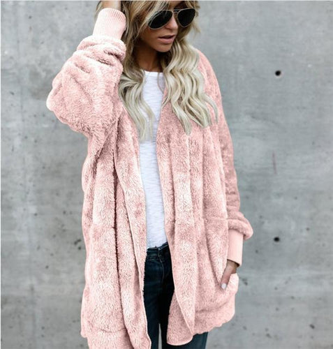 Faux Fur Teddy Bear Coat Jacket Women Fashion Open Stitch Winter Hooded Coat