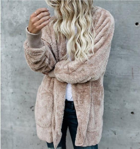 Faux Fur Teddy Bear Coat Jacket Women Fashion Open Stitch Winter Hooded Coat