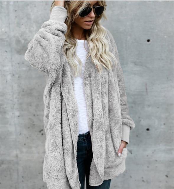 Faux Fur Teddy Bear Coat Jacket Women Fashion Open Stitch Winter Hooded Coat