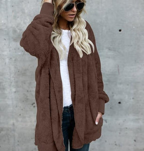 Faux Fur Teddy Bear Coat Jacket Women Fashion Open Stitch Winter Hooded Coat
