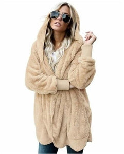 Faux Fur Teddy Bear Coat Jacket Women Fashion Open Stitch Winter Hooded Coat