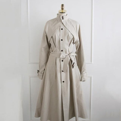 Autumn Winter Trench Coat For Women Stand Collar High Waist Lace Up Women's Windbreakers