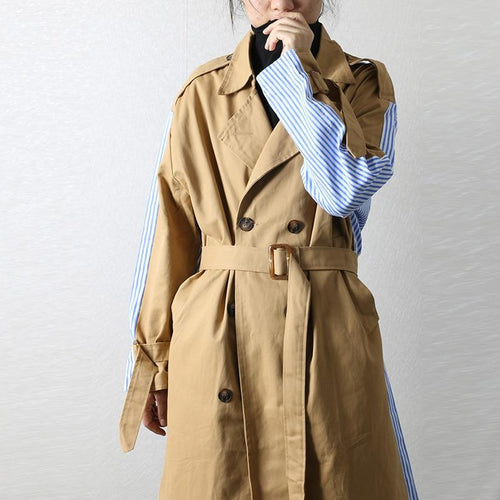 Autumn Trench Coat for Women Stripe Patchwork Windbreaker Woman Office Lady Female Overcoat