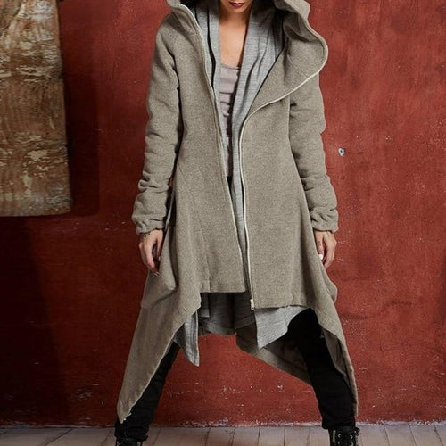 Trench Coat Women Winter Thicken Fleece Warm Goth Asymmetric Long Overcoat Hooded Street Casual Outerwear