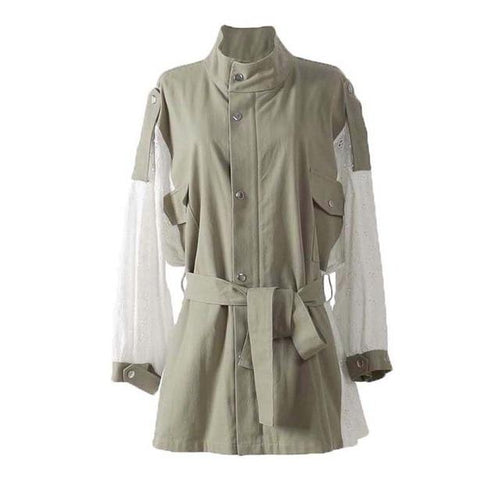 2019 New Spring Stand Collar Long Sleeve Back Lace Split Joint Women Coat