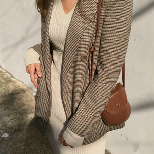 Vintage Double Breasted Office Ladies Plaid Blazer Long Sleeve Loose Houndstooth Suit Coat Jacket