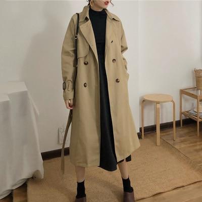 Spring Autumn Korea Style Waist Belt Loose Khaki Color Trench Female Casual Elegant Soft Long Coat