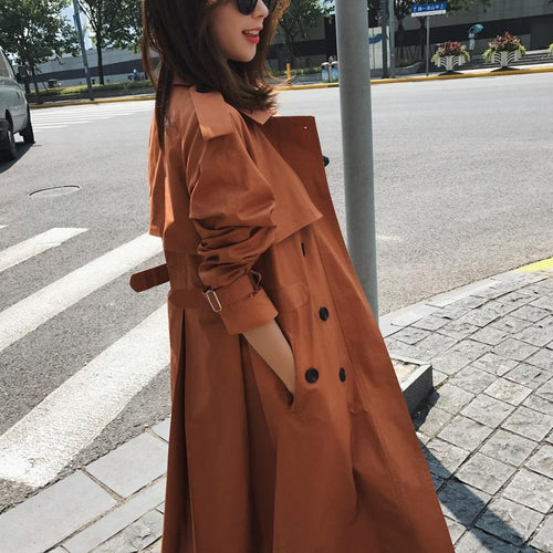 2018 Spring Women's Clothes Long Trench Coat Stylish Double Breasted Loose Coat Slim Waist All-match Outerwear