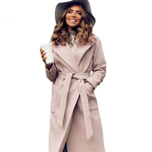 Elegant Long Women's Coat Lapel 2 Pockets Belted Jackets Solid Color Coats Female Outerwear