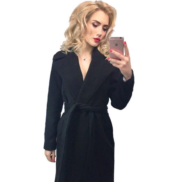 Elegant Long Women's Coat Lapel 2 Pockets Belted Jackets Solid Color Coats Female Outerwear