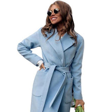 Load image into Gallery viewer, Elegant Long Women&#39;s Coat Lapel 2 Pockets Belted Jackets Solid Color Coats Female Outerwear