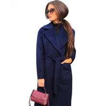 Load image into Gallery viewer, Elegant Long Women&#39;s Coat Lapel 2 Pockets Belted Jackets Solid Color Coats Female Outerwear