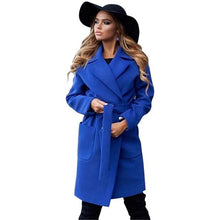 Load image into Gallery viewer, Elegant Long Women&#39;s Coat Lapel 2 Pockets Belted Jackets Solid Color Coats Female Outerwear