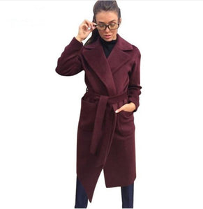 Elegant Long Women's Coat Lapel 2 Pockets Belted Jackets Solid Color Coats Female Outerwear