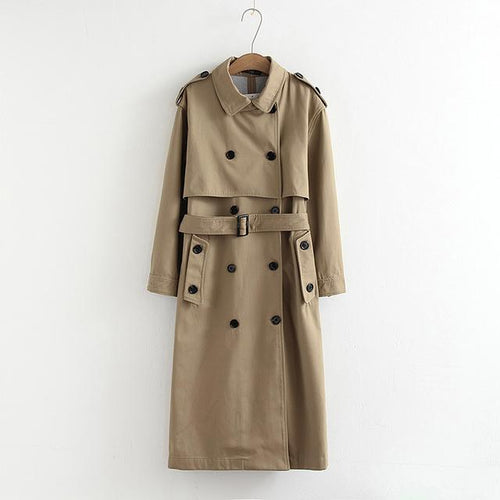 Women Casual Solid Color Double Breasted Outwear Sashes Office Coat Chic Epaulet Design Long Trench